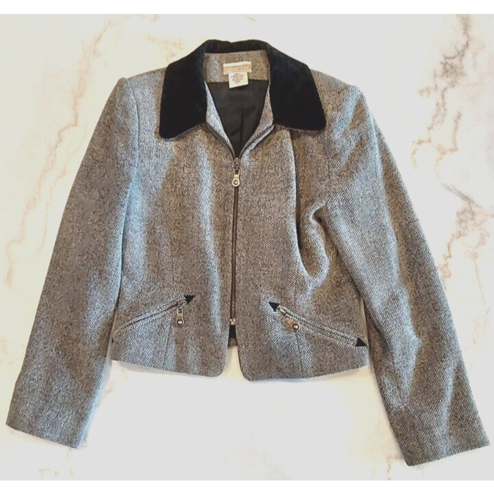 VTG‎ Coldwater Creek Herringbone Black Suede Trimmed Jacket Size 8
